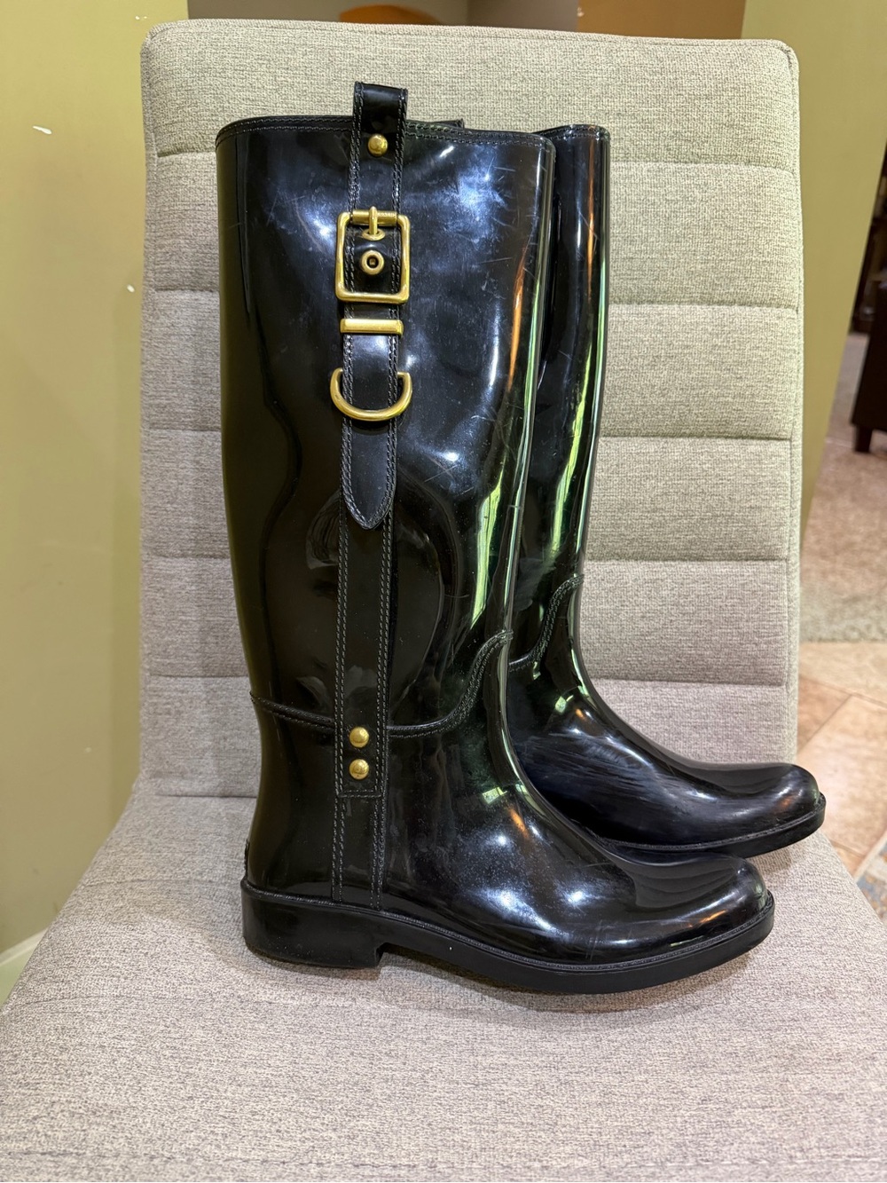 Coach Glossy Black Rain /Riding Boots with Gold Buckle Detail